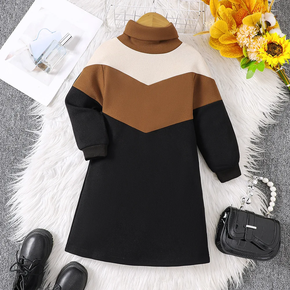 Children's Spring and Autumn Fashion Leisure 1 Piece Girls' Color Blocked Knitted High Necked Dress Comfortable At Home