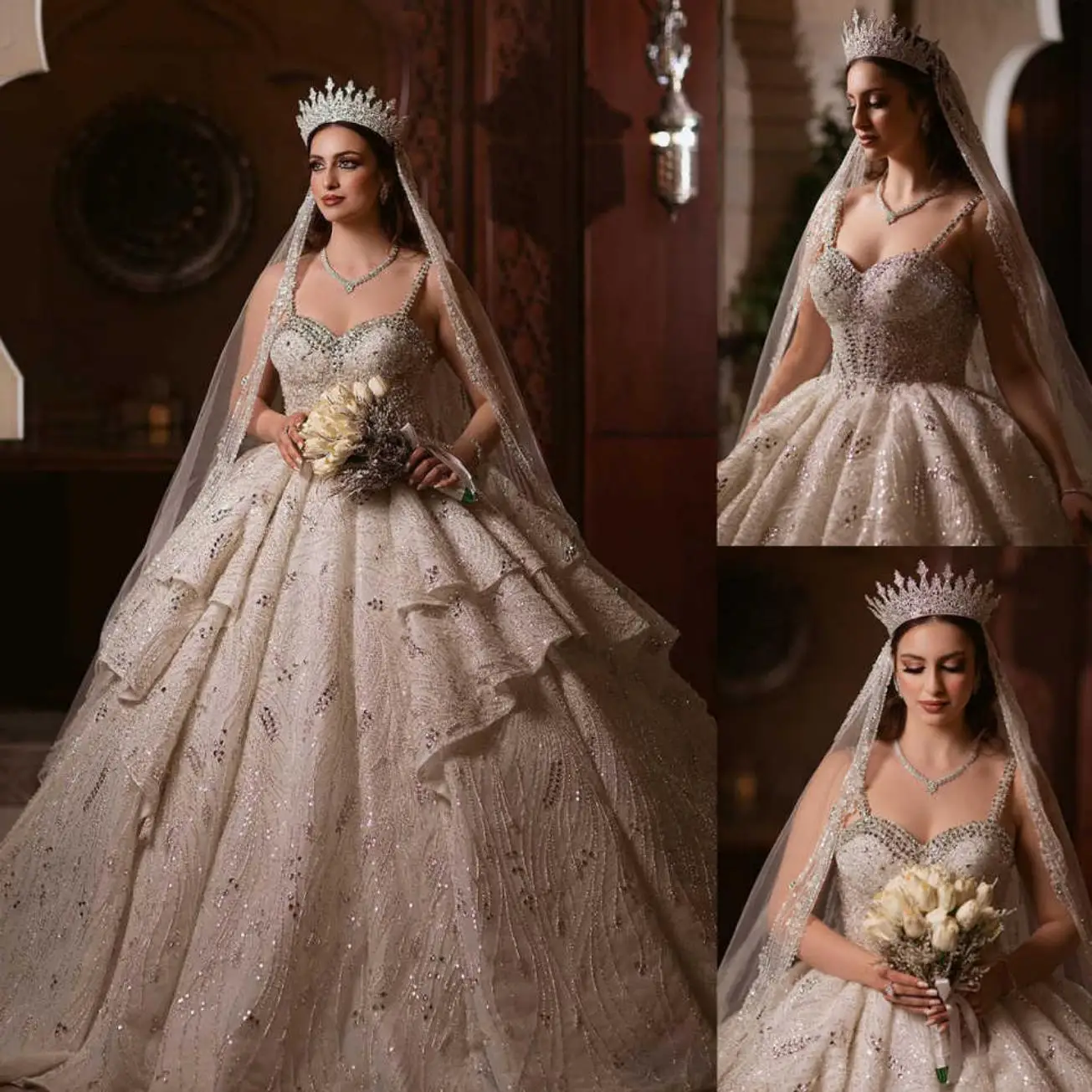 

Exquisite Ball Gown Wedding Dress Sequins Crystal Bridal Gowns Sweetheart Neck Spaghetti Straps Sweep Train Dresses Customized