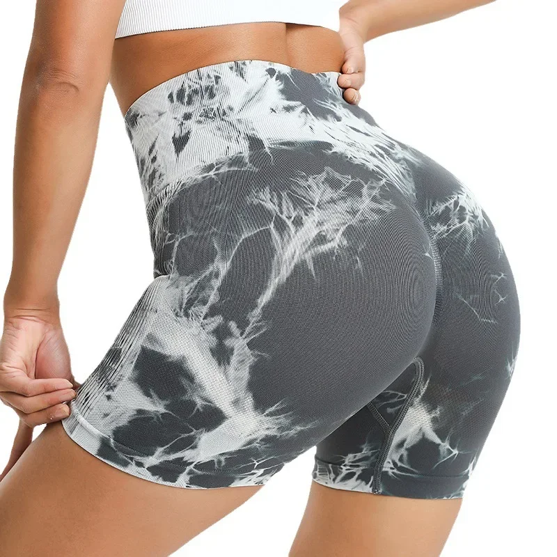 Women Tie Dye Sport Shorts Seamless Knited Leggings Gym Workout Running High Waist Push Up Butt Tights Fashion Slim Yoga Shorts