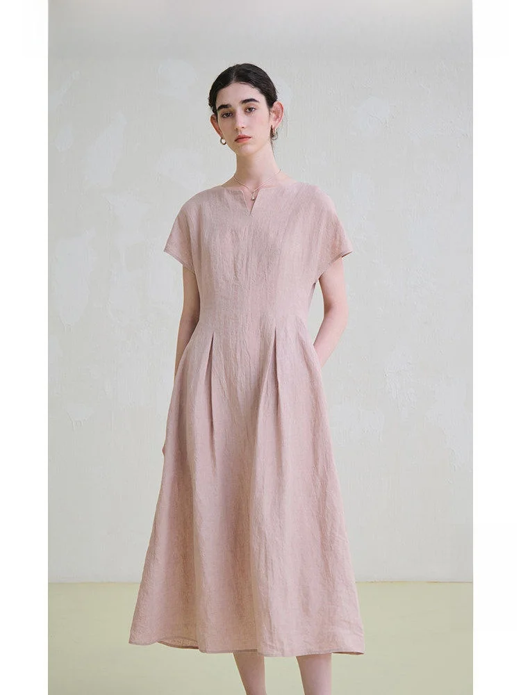 

Travel Original Linen Dress 100 Colors Woven Slimming Waist Elegant Minimalist Women's Summer Dress Casual Style round Neck S...