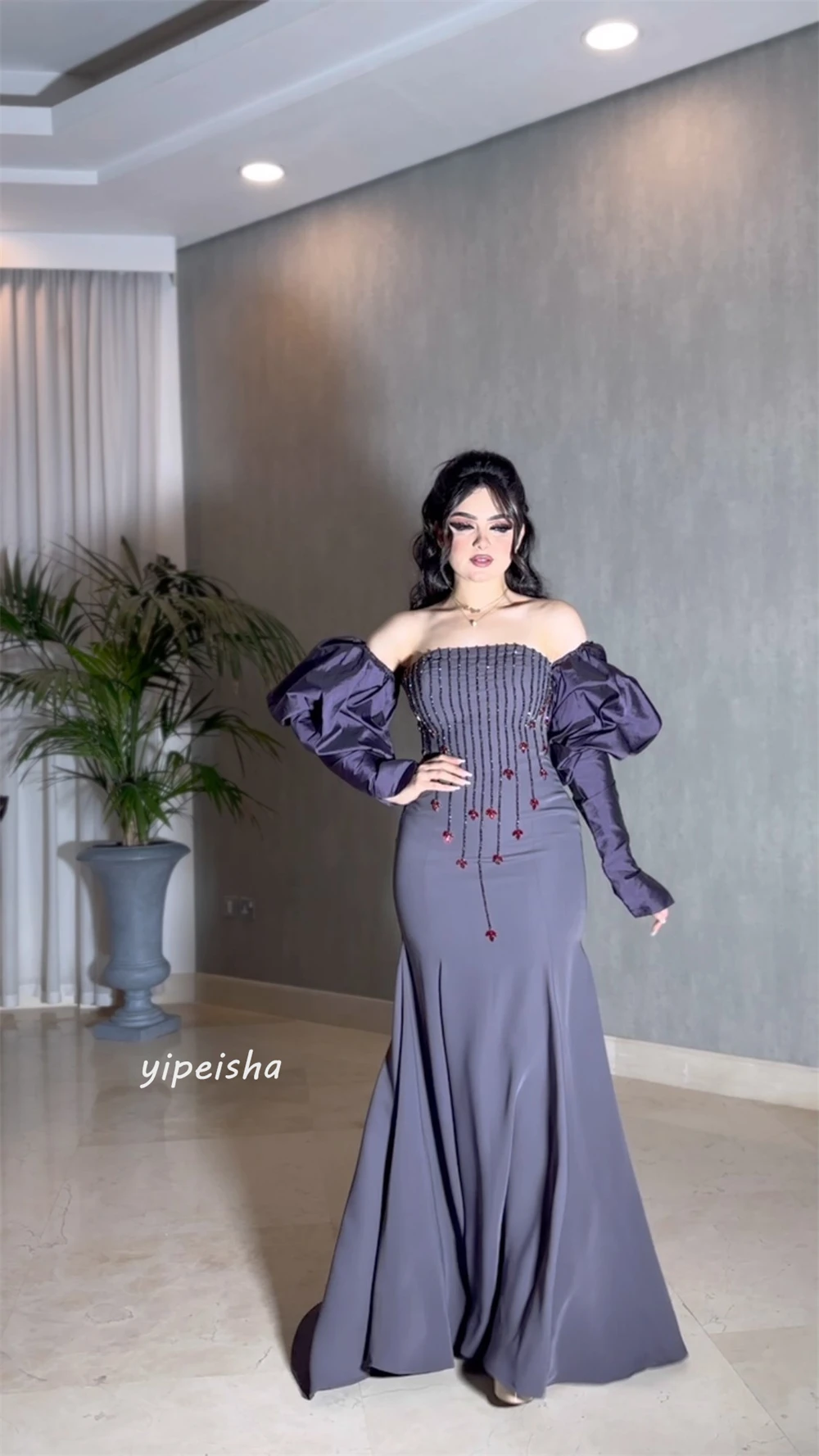 Customized Saudi Arabia  Evening Jersey Sequined Flower Wedding Party Mermaid Off-the-shoulder Bespoke Occasion Gown Long Dresse