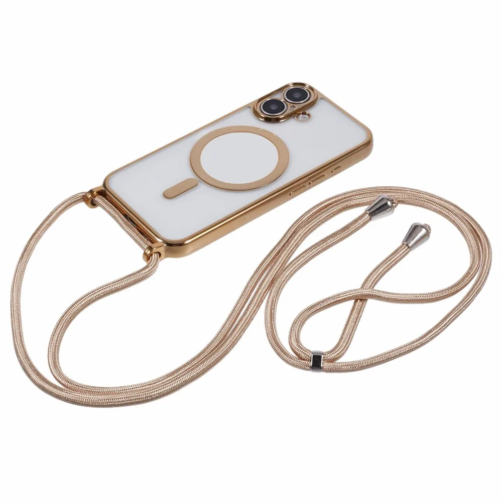 

For Magsafe Magnetic Crossboby Lanyard Phone Case For iPhone 16E 16 15 14 13 12 Pro Max Necklace Cord Rope Plating Clear Cover