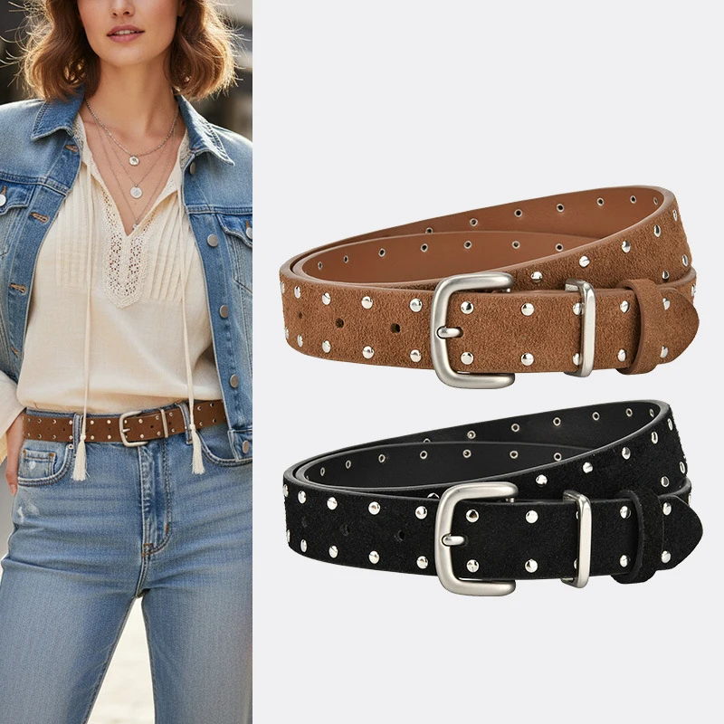 Double Row Rrivet Pin Buckle Suede Women's Belt Vintage Punk Decorative Jeans Hollow Shape Matte Leather Belt for Ladies