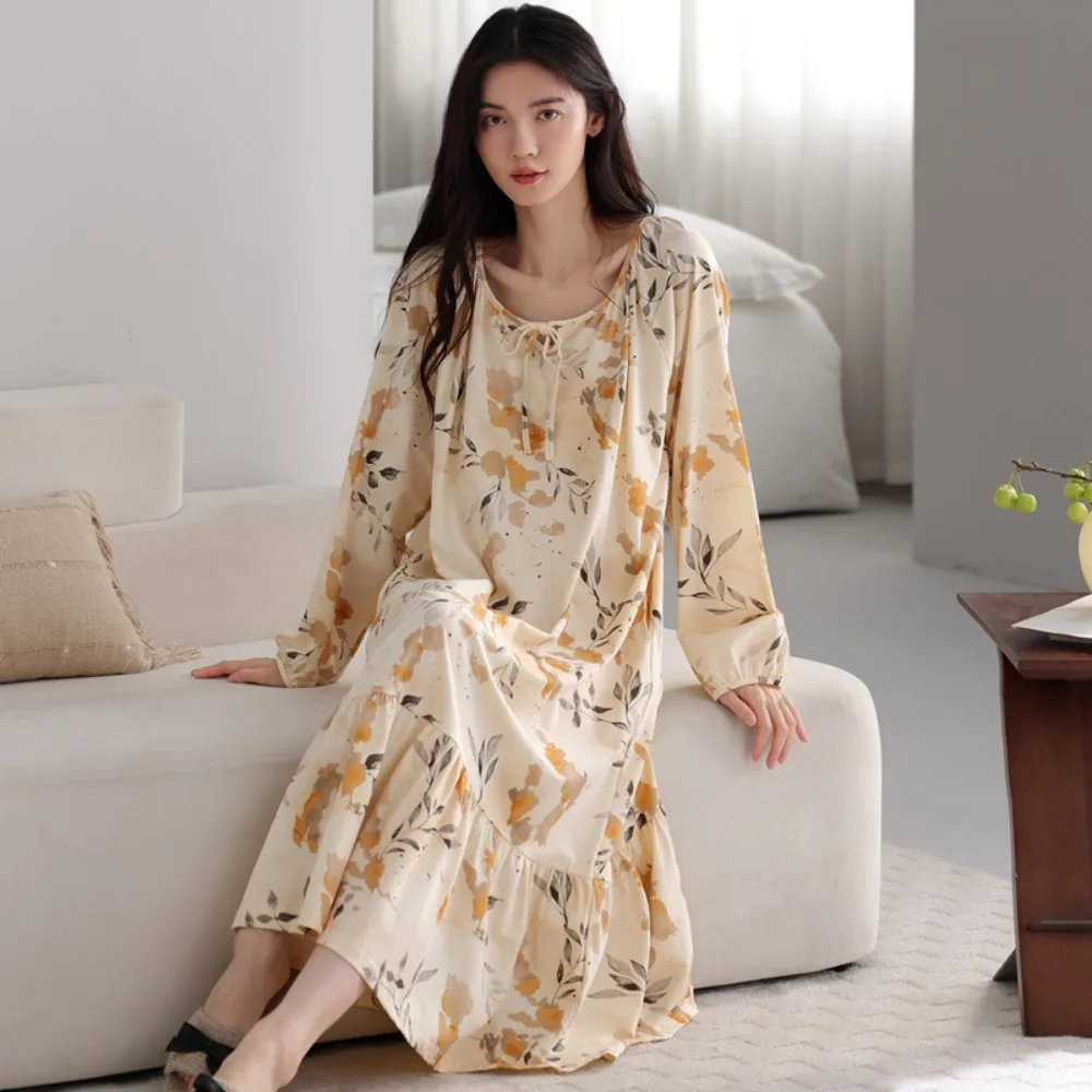 

Floral Women's Nightgowns for Sleeping 2026 New Spring Autumn Long Sleeve Sleepwear Woman Nightwear One Piece Pajamas Dress