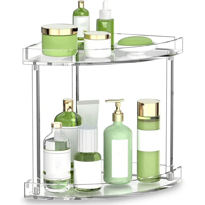 2 Tier Acrylic Bathroom Counter Organizer, Clear Bathroom Countertop Corner Organizer, Corner Storage Shelf Vanity Trays-AT35