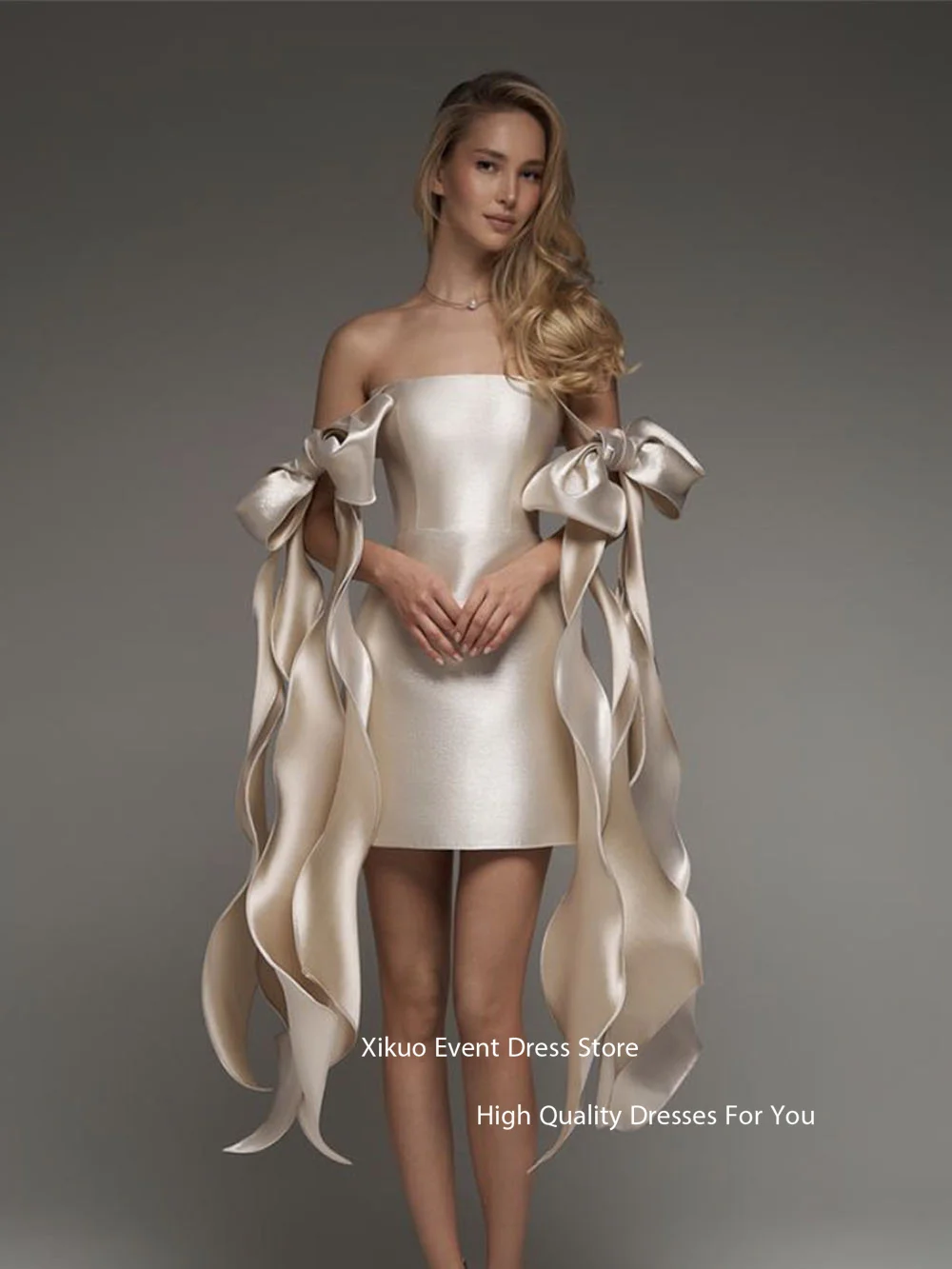 Xikuo elegante cetim vestidos de baile mini champanhe fora shouder arco vestido de festa cocktail formatura vestidos de dança matric personalizado