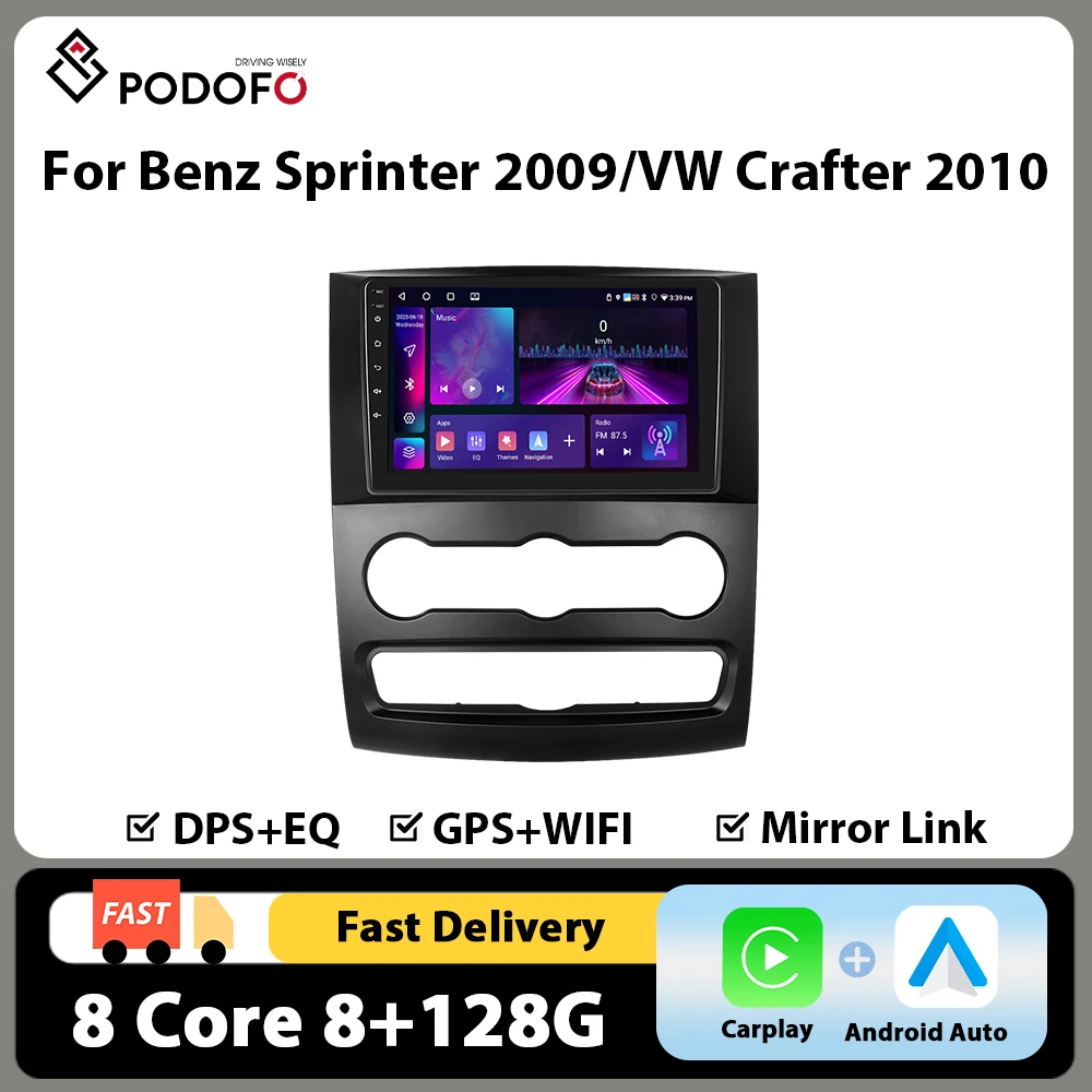 Autoradio Android Podofo 10'' pour Benz Sprinter 2009/VW Crafter 2010, lecteur multimédia Carplay 8+128G 8 cœurs GPS 4G WIFI BT
