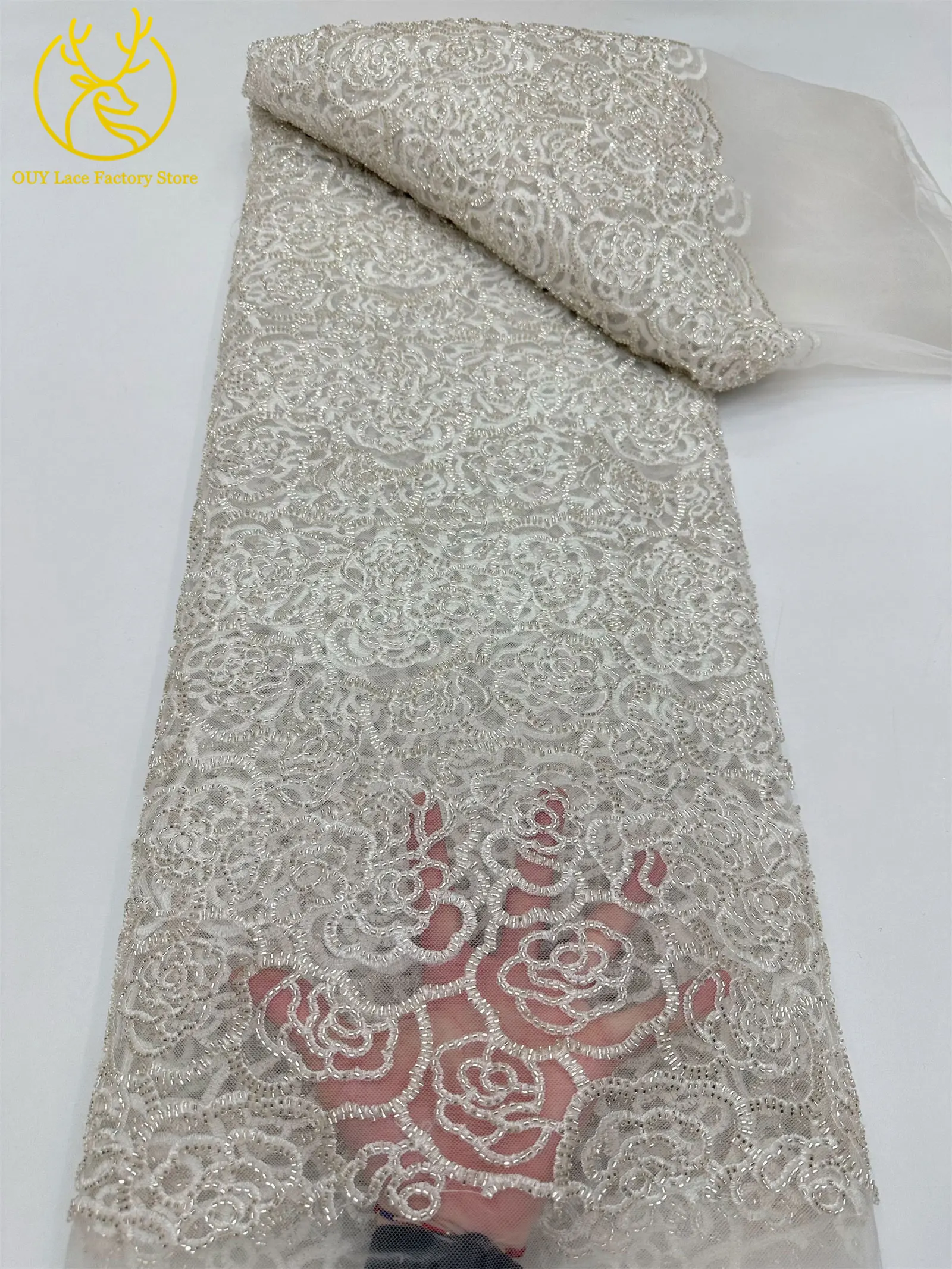Stickerei-Blumen Perlen-Pailletten Spitzenstoff Französischer Tüll Netz-Stickerei Nigerianischer Spitzenstoff Brautkleid-Stoff – Detail 14