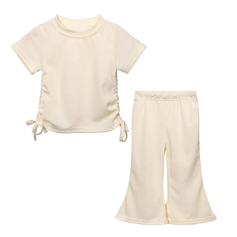 

Children Clothes Kid Girl Set 1-8 Years Summer Casual Short Sleeve Pit Strip Solid Color Round Neck Top Flared Trousers Outfits