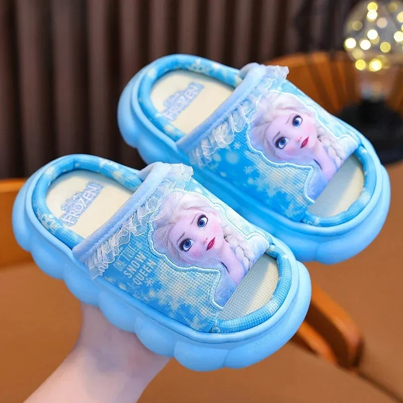 Disney Frozen Princess Elsa Cartoon Cotton Slippers for Girls Summer Indoor Casual Preservation Non slip Children\'s Plush Shoes