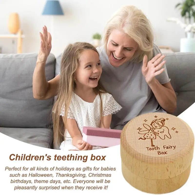 Baby Tooth Box Wooden Dropped Tooth Keepsake Storage Box Cute Carved Teeth Container Storage Box Gift Fairy Gifts Tooth Saver