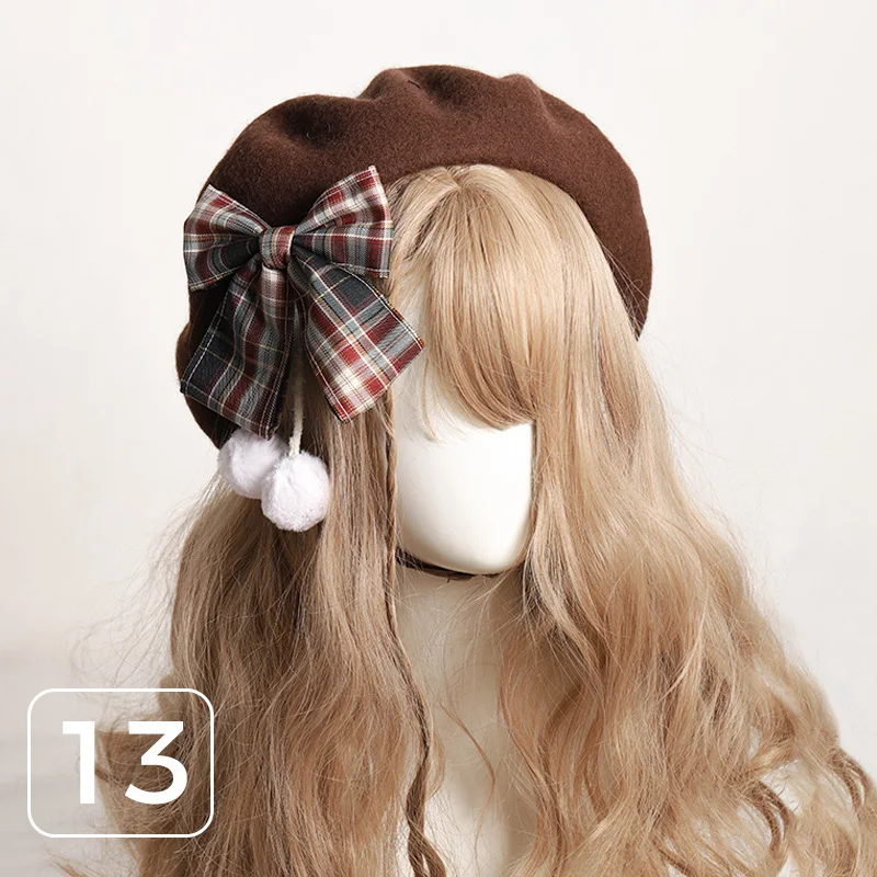 Japanese Lolita Hat Elegant Lady Winter Caps French Artist Warm Wool Beret Hat Stripe Bow Cap Girl Women Classic Painter Cap