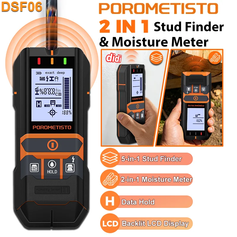DSF06 2-in-1 Stud Finder & Feuchtigkeitsmesser mit Dreifarbiger Anzeige, AC-Kabel-, Draht- und Holzdetektor, Wandscanner mit Exakt-/Tiefenmodus