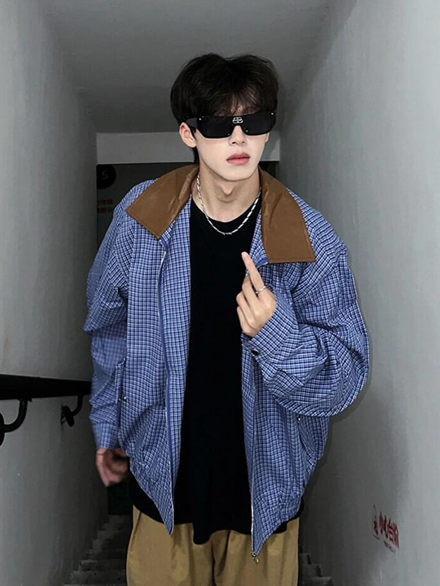 

Blue Plaid Men's Spring Autumn ort irt Jaet Leather Collar Casual Faion Classic Sle Outerwear for Teenagers