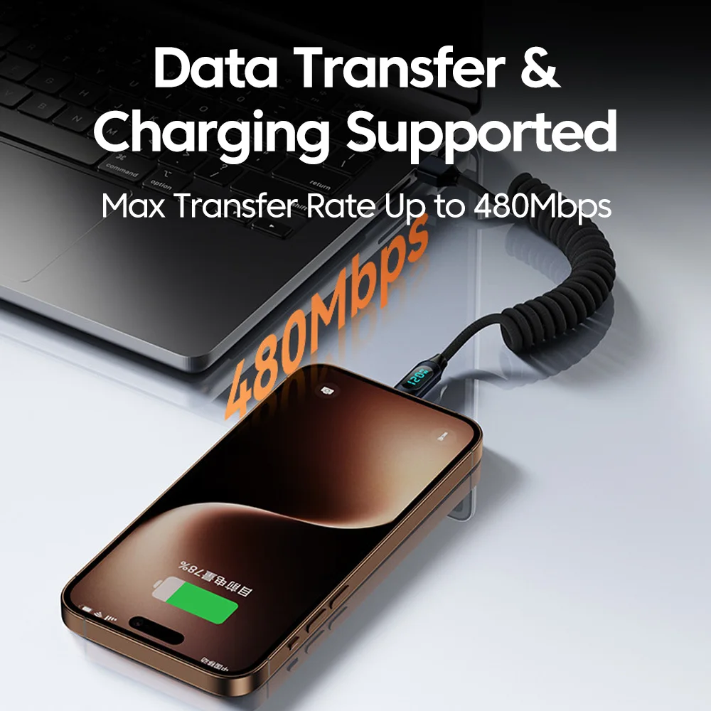 120W Spring Retractable USB C To Type C Cable Digital Display Wire For iPhone15 16 Samsung Huawei Fast Charging USB Type C Cable