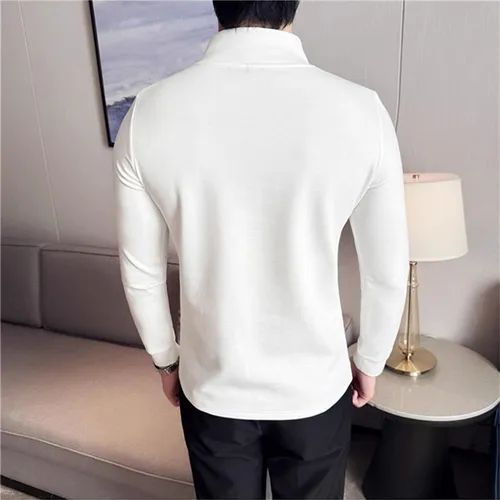 Imagen 2 del producto Camiseta con cremallera a la moda para primavera y otoño, camisetas informales elásticas ajustadas para hombre, camisetas de vitalidad juvenil con cuello simulado de Color sólido