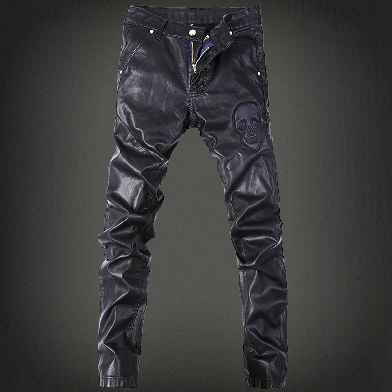 YASUGUOJI New 2023 Outdoors Pu Leather Pants Men Brand Fashion Skull Tag Patchwork Mens Skinny Motorcycle Leather Jeans Men