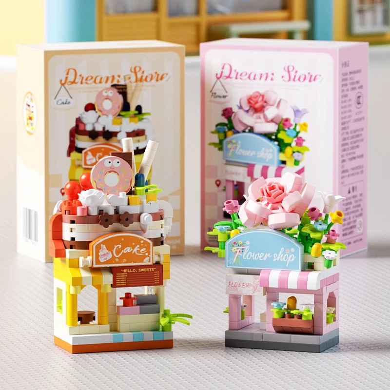 Ristorante Dessert Caffè Frutta Negozio di fiori Snack Street View Torta Cibo Casa Building Blocks Kit Ragazze Mattoni Modello Giocattoli per bambini