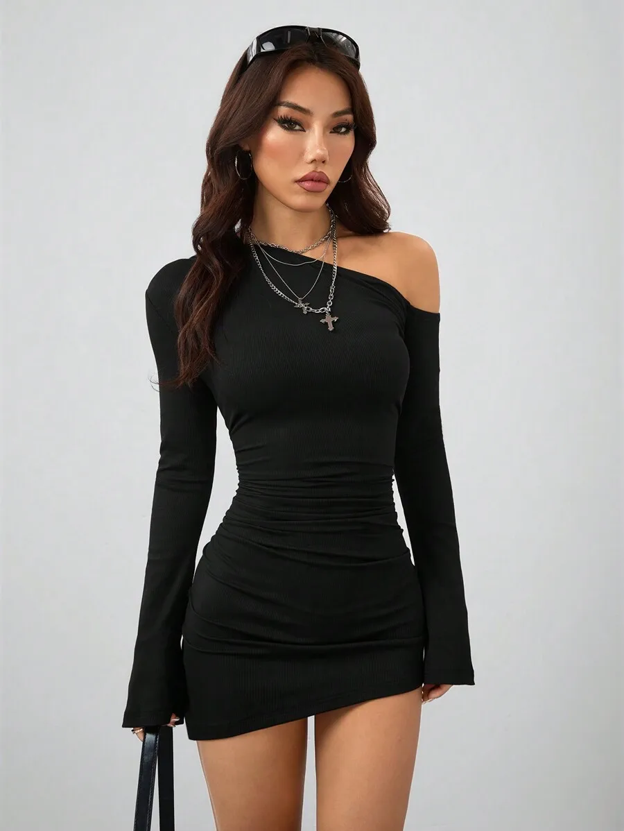 Black Ribbed Knit Asymmetrical One-Shoulder Mini Dress with Ruched Detail