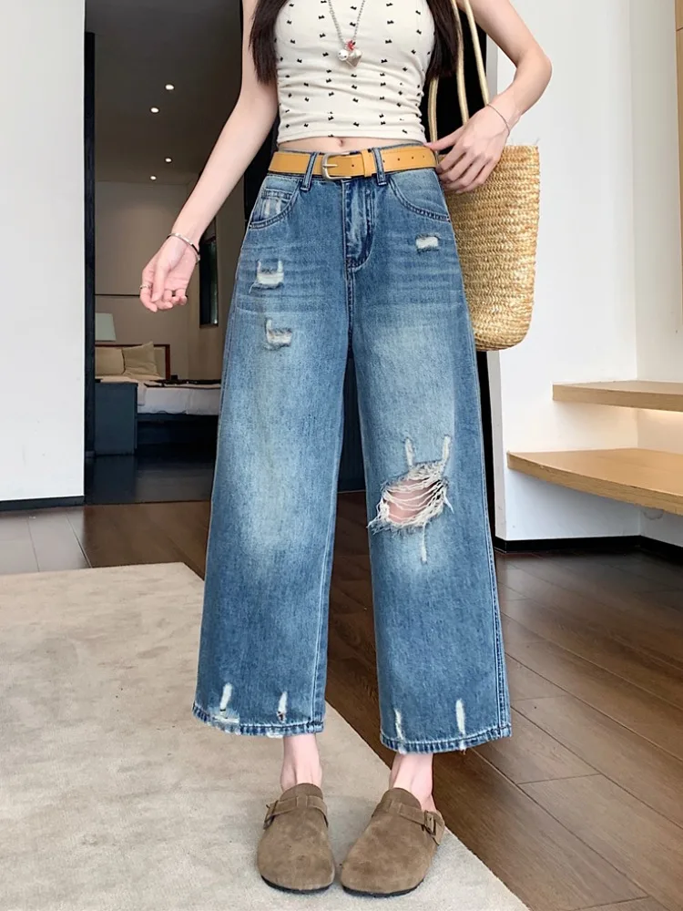 

Retro Washed Blue Jeans Women's Loose Fit Straight Leg Jeans Summer Casual High Waist Denim Pants Torn Hole Style