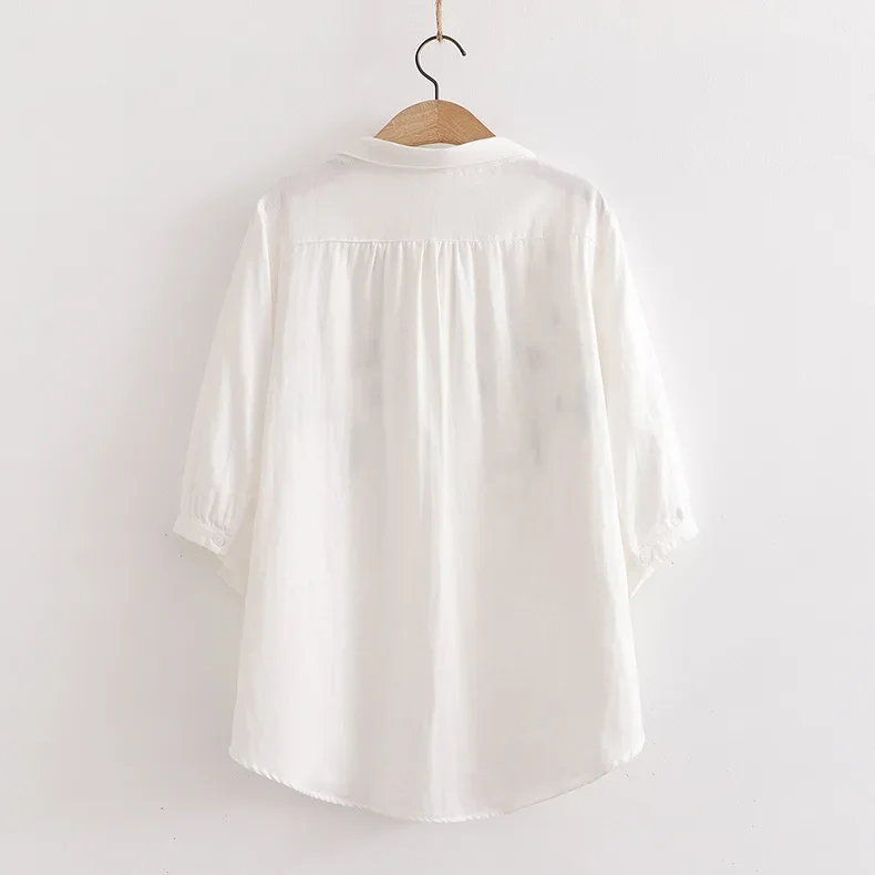 Mori Girl Flower Embroidered Cotton Yarn Shirt Women Summer Turn Down Collar Three Quarter Sleeved Casual Loose Blouse Tops