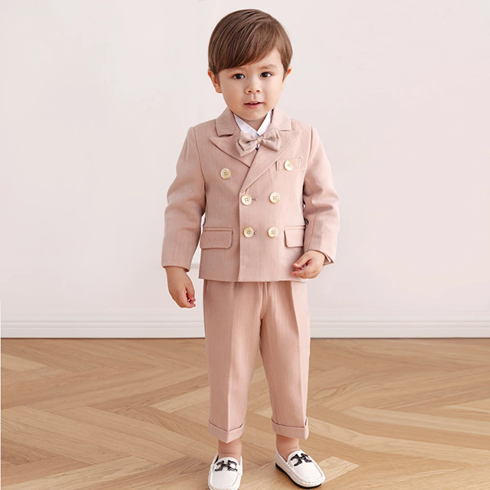 Pink Boys Suits for Weddings Kids Blazer Suit for Boy Costume Infant Blazer Boys Tuxedo Baby Boy Clothing Sets Coat+Pant+bow 3Ps