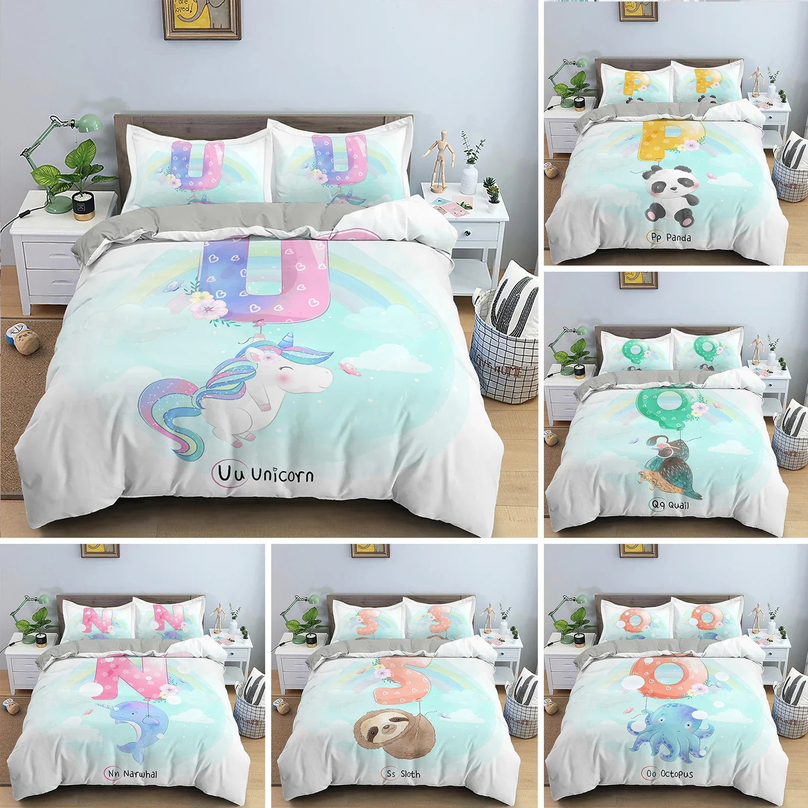 

Cartoon Animal Duvet Cover Set Microfiber Letter Animal Pattern Quilt Cover King Queen Twin Size Bedclothes 2/3pcs Bedding Set