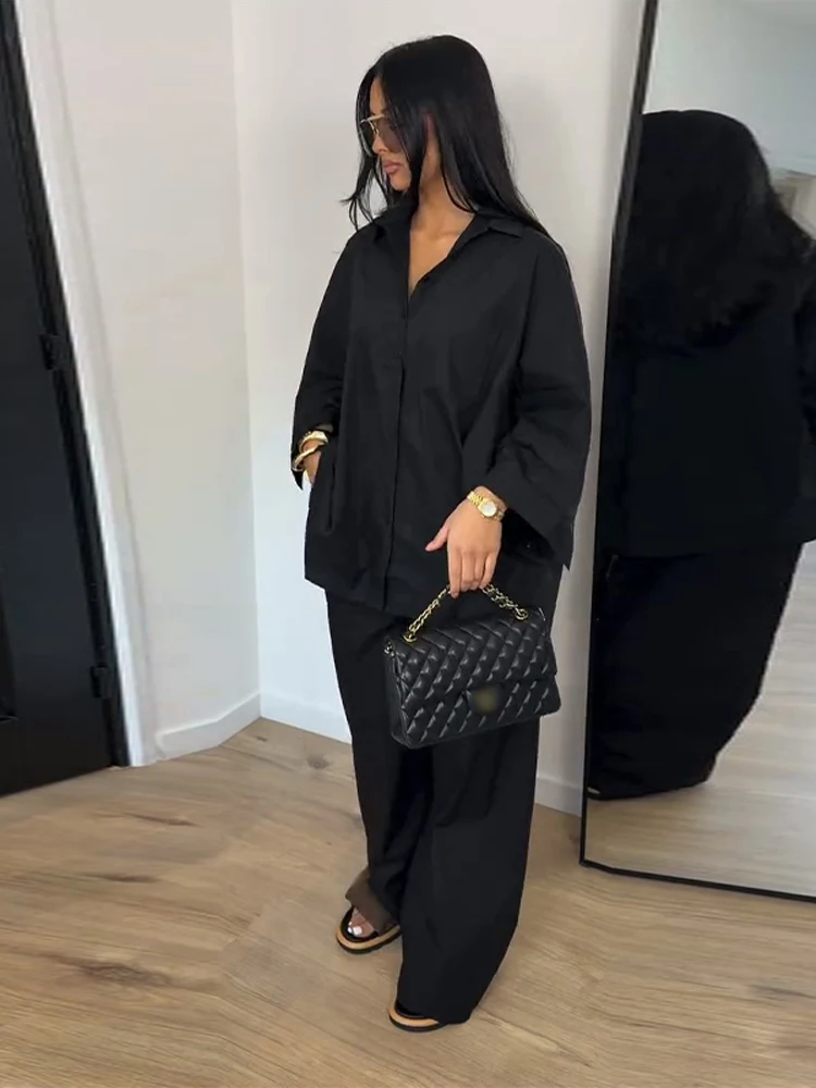 Elegante Damen-Hosenanzüge mit Revers: Oversized Hemd, Langarm-Bluse mit Knopfleiste, Weite Hose, Schickes Einfarbiges Outfit – Detail 13