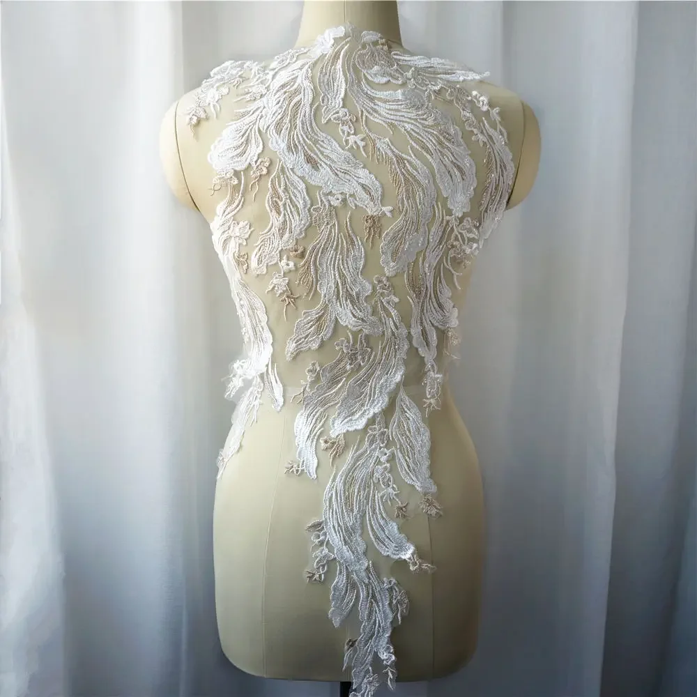 

White Feather Sequin Lace Fabric Dreamy Embroidered Wedding Gown Appliques Trims Collar Sew Patch For Dress DIY Decoration