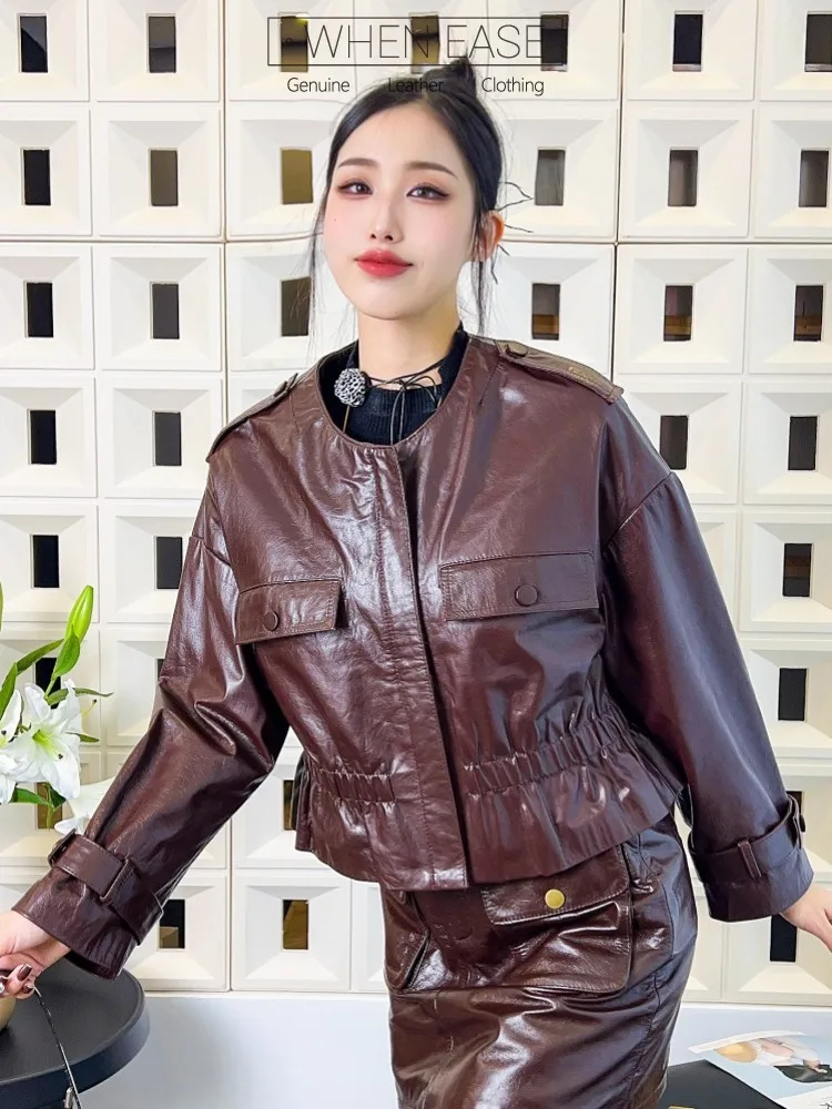 Moda feminina o pescoço zíper vintage cera de óleo jaqueta de pele carneiro outono estilo punk solto ajuste cintura elástica jaqueta de couro genuíno