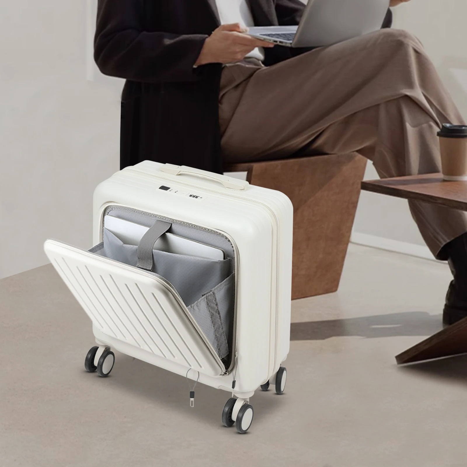 White 18" Boarding Suitcase(High Security) - 3-Digit Password Lock & Anti-Theft, Front Compartment Sponge&Safety Strap