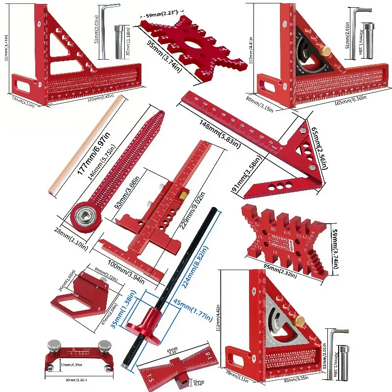 6/7/8/9/10Pcs Precision Woodworking Square Kit W/ Box, Quick Splicing Planning & Layout Tools Scribeing Ruler Diy Tools Aluminum