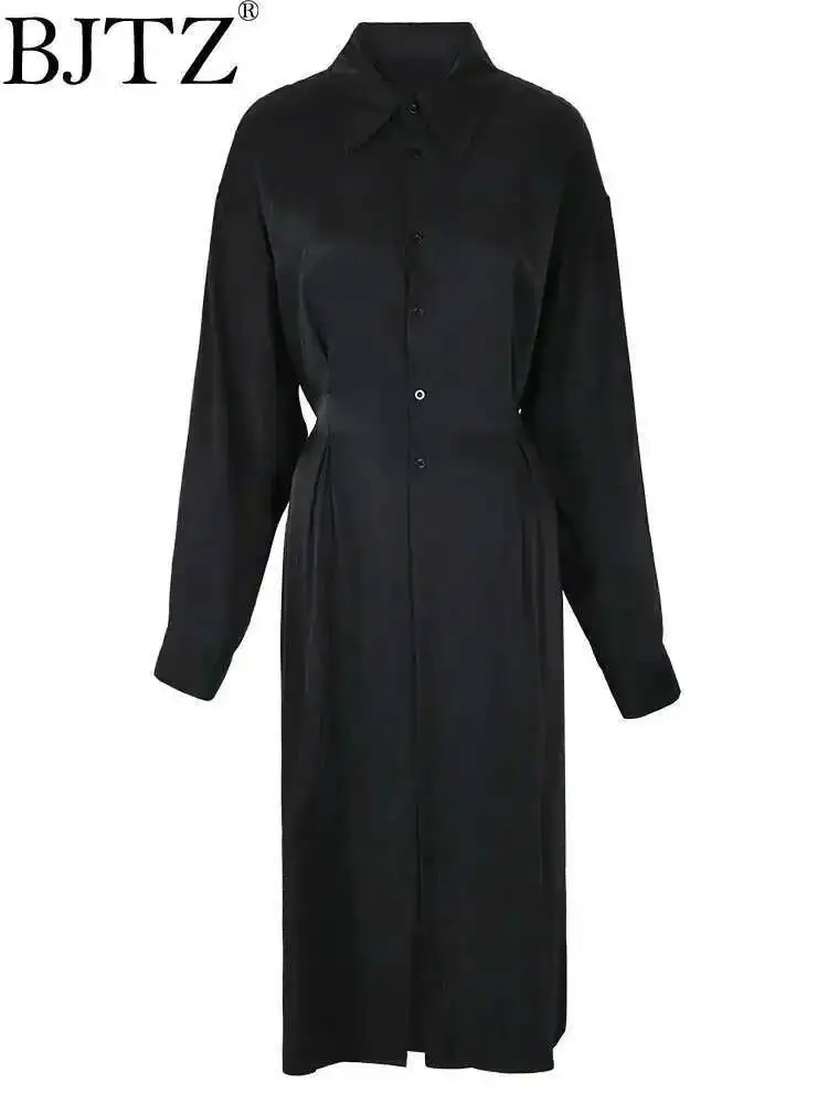 BJTZ Zwart Big Size Geplooide Lange Blouse Vrouwen Nieuwe Revers Lange Mouw Loose Fit Shirt Mode Tij Lente Herfst 2025