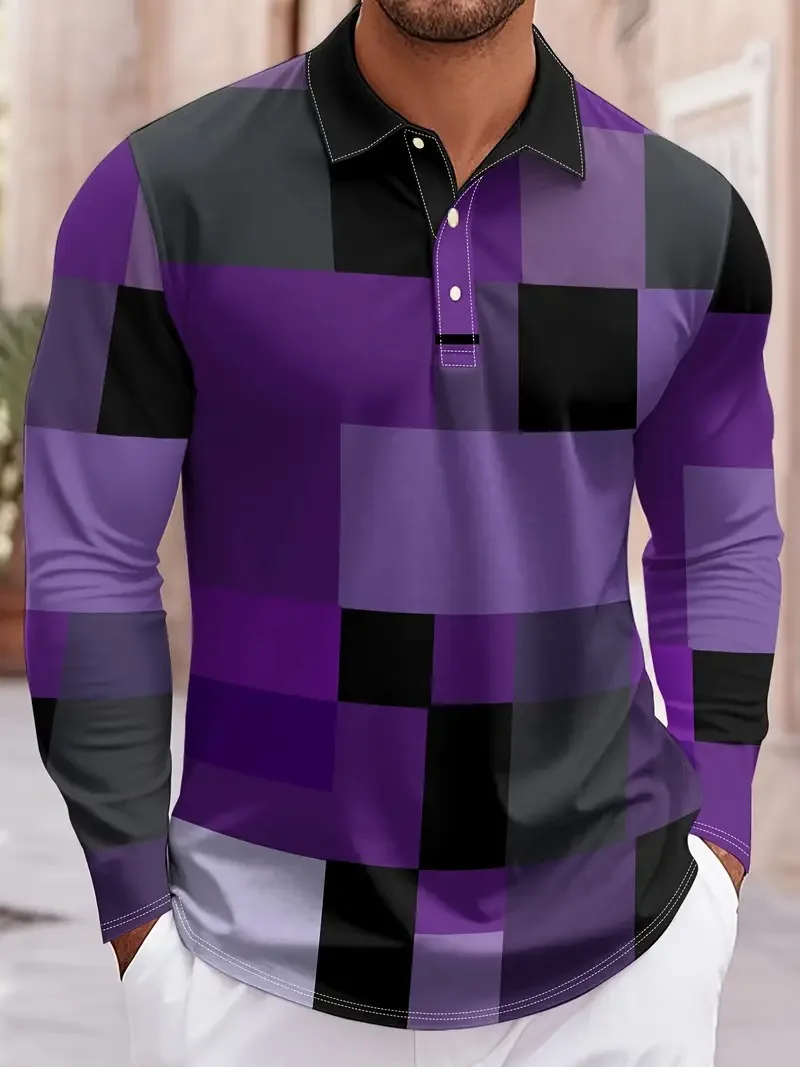 

Retro square grid pattern men's polo shirt fashionable spring and autumn long sleeved polo shirt street Harajuku men's clothing
