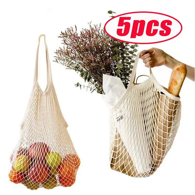

Handheld Shopping Bag Foldable Shopping Cotton Mesh Bag Reusable Fruit Mesh Bag Woven Mesh Pocket Hollowed Out Kitchen Storage