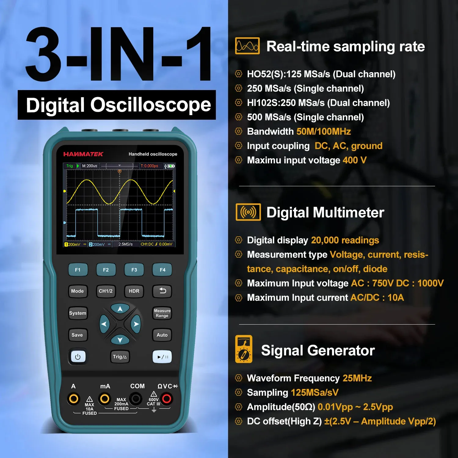 Hanmatek Digital Oscilloscope Multimeter Signal Generator Source 3 in 1 Multifunction 2 Channel Electronic Component Tester