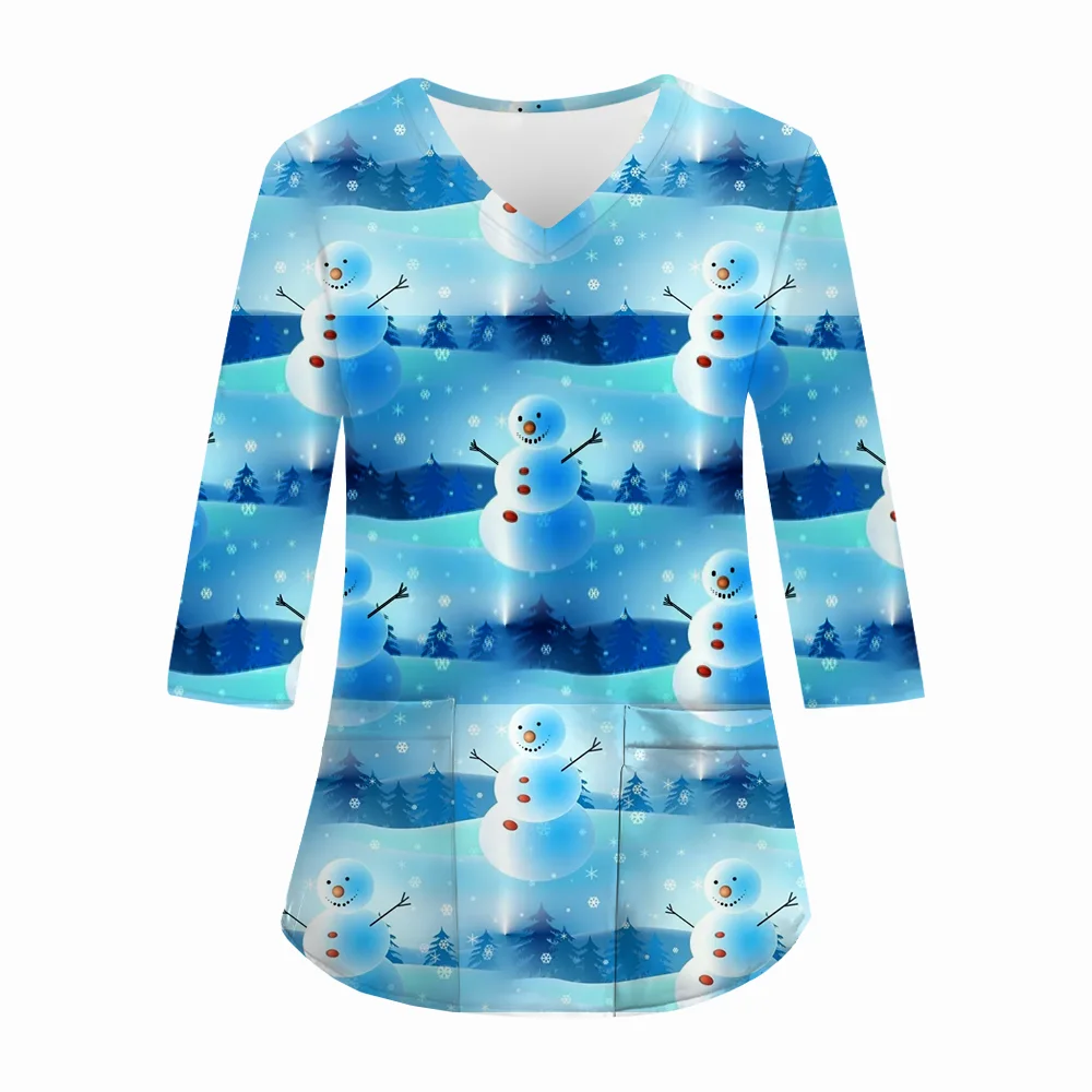 Christmas Surgical Uniforms Woman Snowman Cartoon Print Fall Health Care Micro-Stretch V-Neck Long Sleeve Nurse Uniform Woman