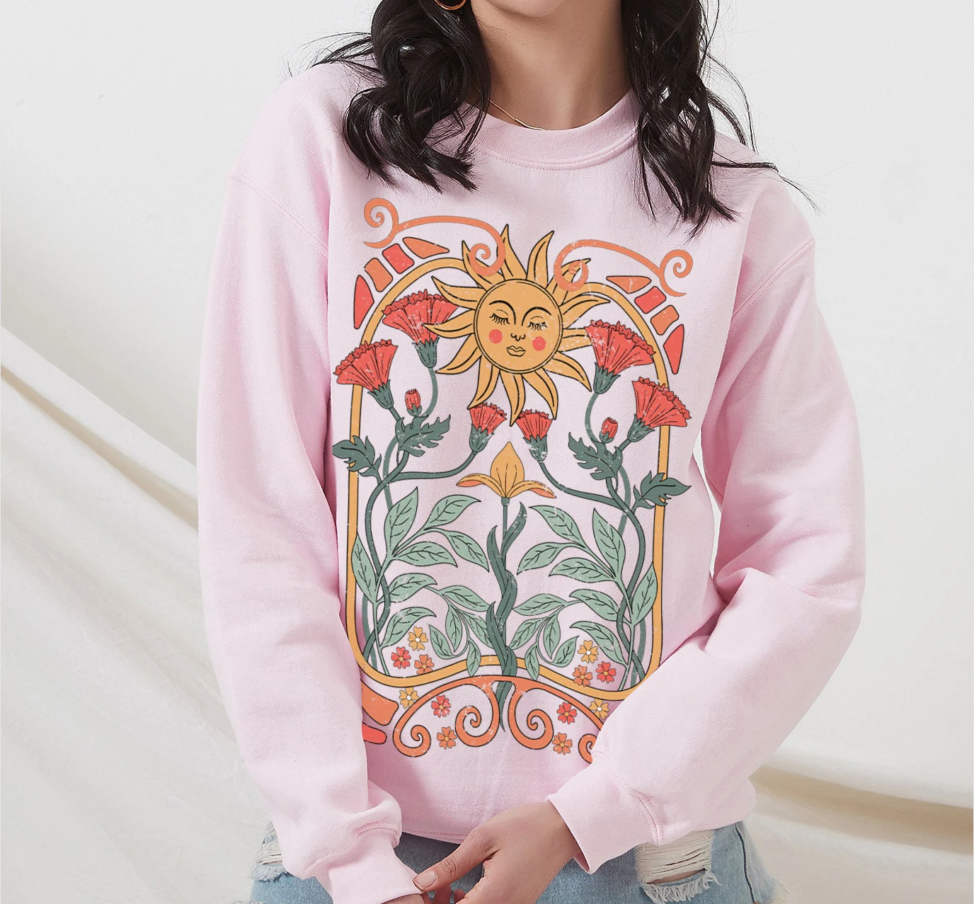 Vintage Cartoon Sonne Blumen Tarot drucken weibliche Sweatshirt neue Mode Retro alle passen Frauen Kleidung Trend Reise lässig Mädchen Tops