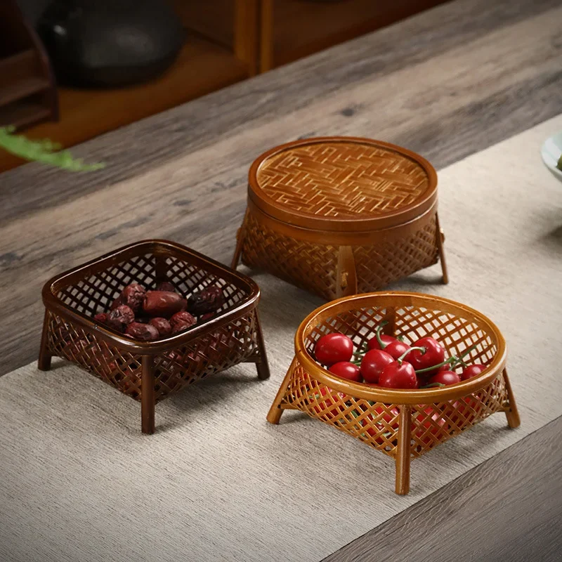 Bamboo woven fruit basket large lacquer round mouth storage basket snack snack handmade bamboo woven tea box retro refreshment