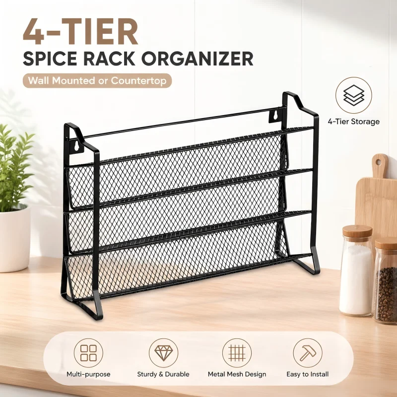 4-Tier Mesh Spice Rack, Iron Countertop Seasoning Organizer, Metal Kitchen Storage Shelves, Rustic Space-Saving Rack