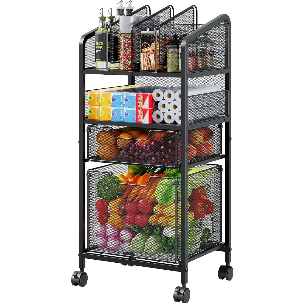 

4-Tier Fruit Vegetable Storage Cart - Kitchen Organizer and Storage Cart with DIY Divider on Top,Rolling Pantry Kitchen Cart wit