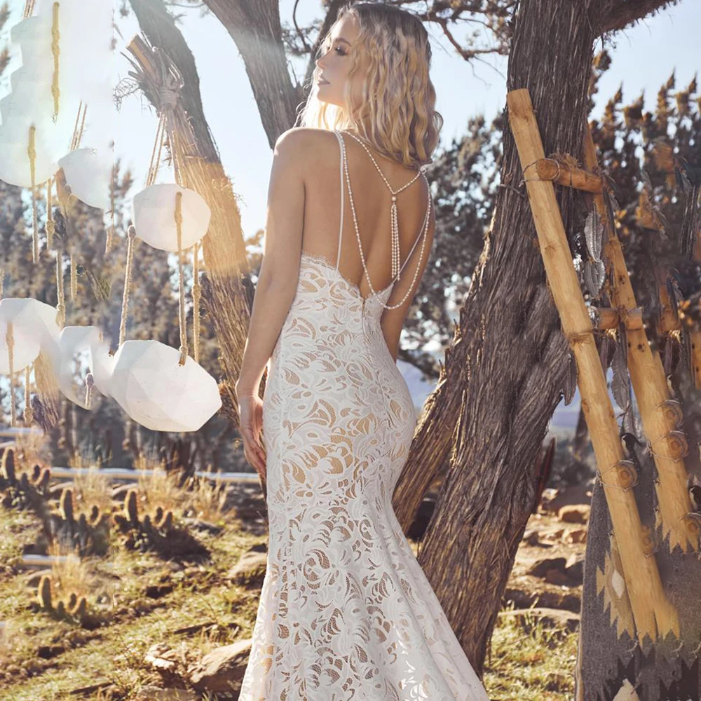 Spaghetti Straps Mermaid Lace Outdoor Wedding Gown V Neck Customized Open Maxi Rustic Backless Beading Tassles Bridal Dress