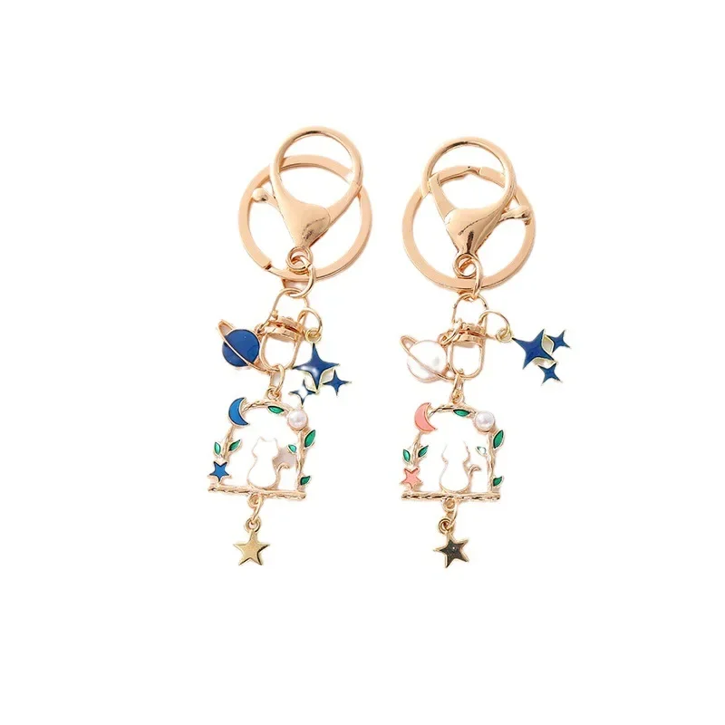 Cute Cat Keychain, Dream Starry Sky Alloy Pendant, Cartoon Animal Key Ring Charm for Bag Backpack, Couple Friend Gift Accessory