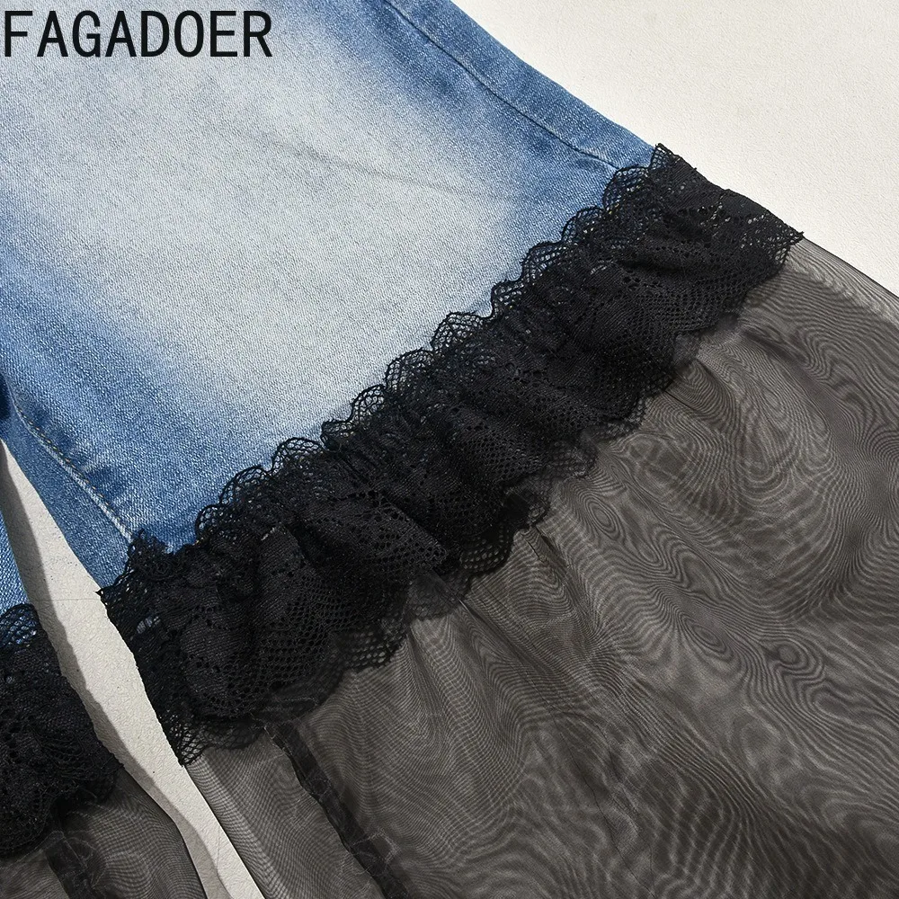 FAGADOER Fashion Mesh Splicing Straight Jeans Women High Waisted Button Denim Pants Casual Female Pocket Loose Cowboy Trousers