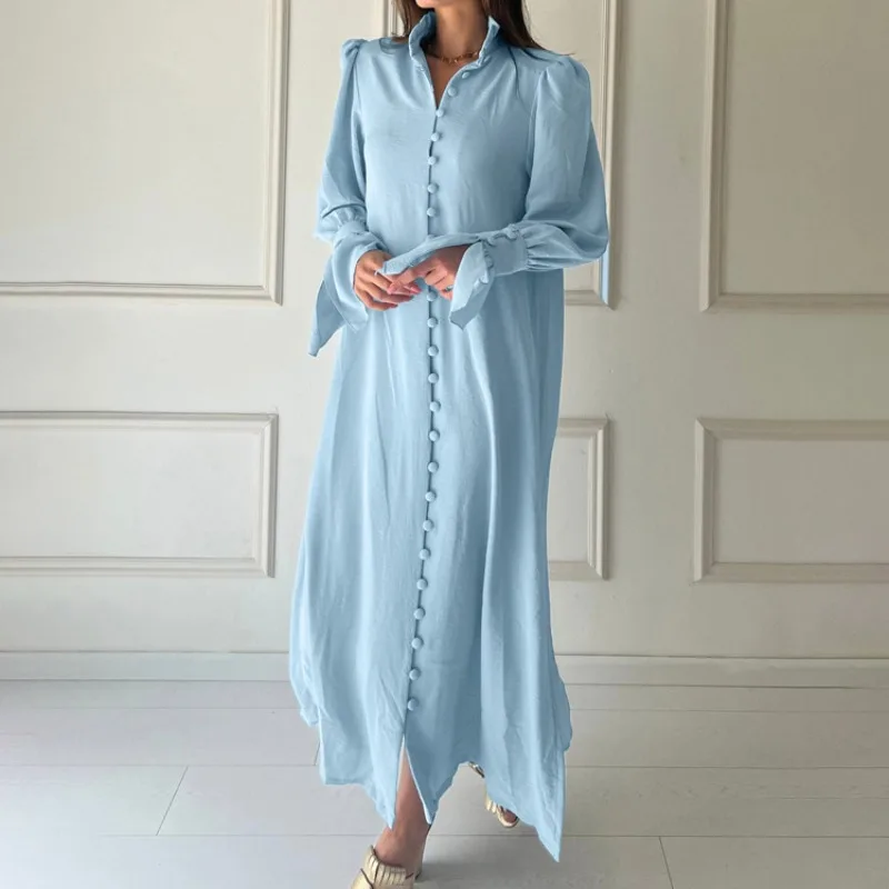 Women's Shirt Dress Spring Solid Women's High Waist Standing Neck French Casual Button Cardigan Bottom Split Flare Sleeve Dress