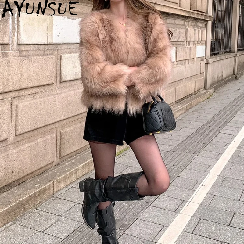 

AYUNSUE пальто из натурального меха, женская роскошная зимняя куртка 2023, пальто из натурального меха енота, корейская модная женская одежда Пальто Женское