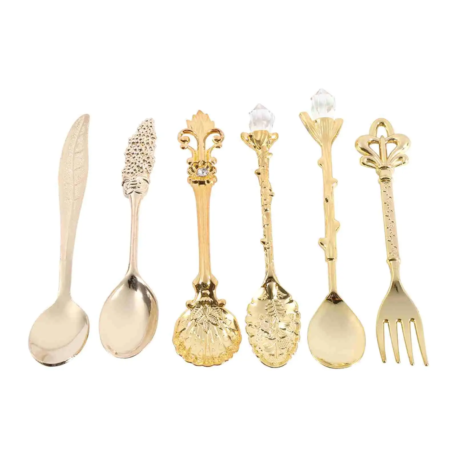 6PCS Vintage Royal Metal Mini Coffee Spoons & Forks - Golden Kitchen Fruit Accessories