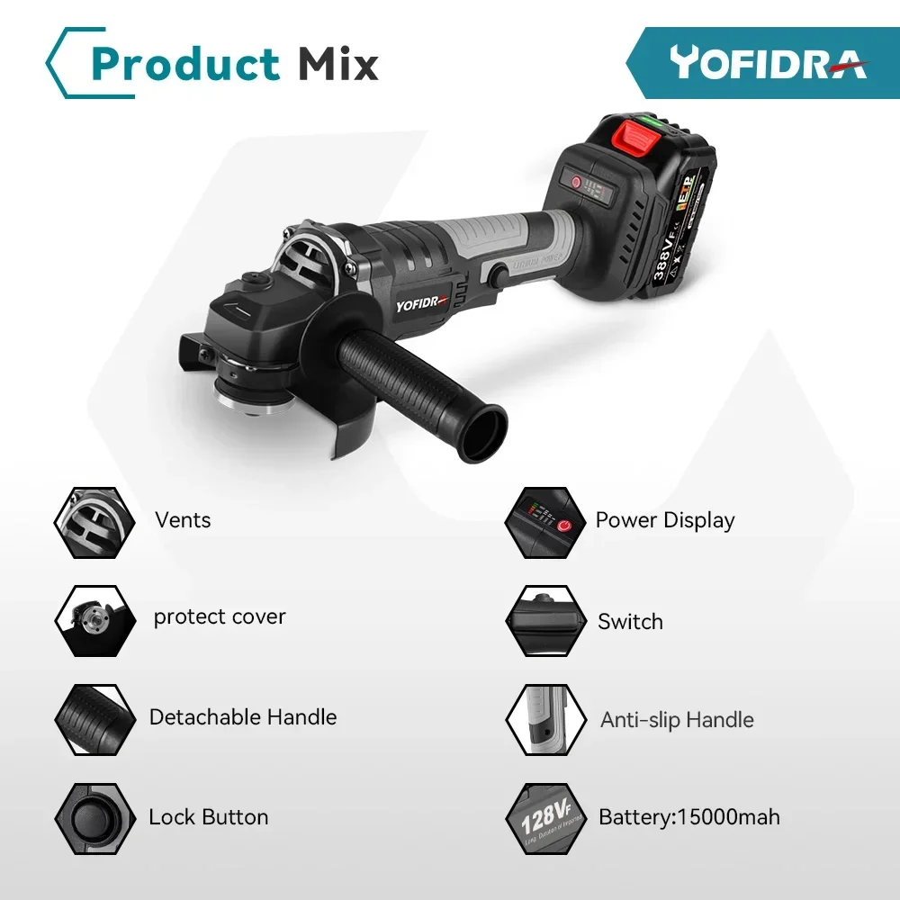 Yofidra 125MM Brushless Angle Grinder 3 Gears Grinding Cutting Polishing Machine Woodworking Power Tool For Makita 18v Battery