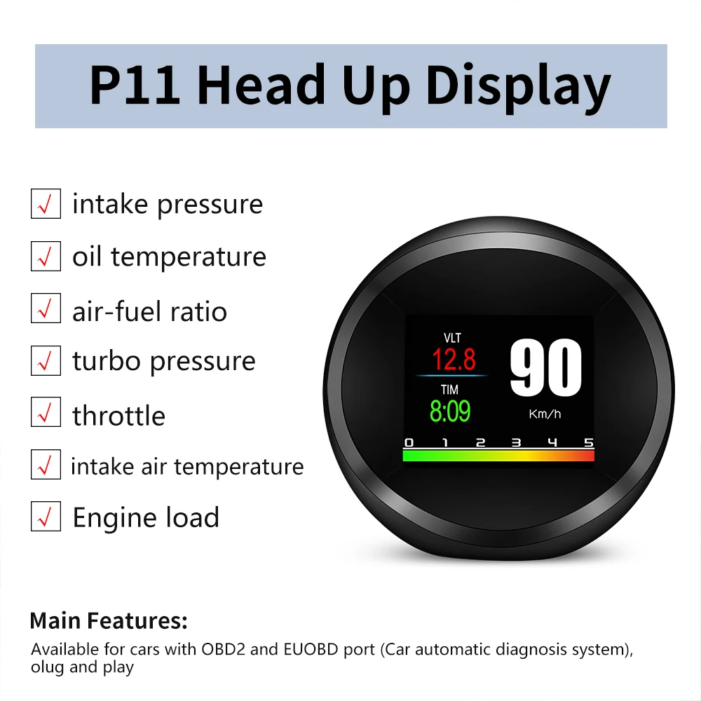 OBDHUD P11 OBD2 HUD с GPS, превышение скорости, скорость, оборот в минуту, температура воды, напряжение, часы, ЖК-дисплей, приборная панель для всех автомобилей