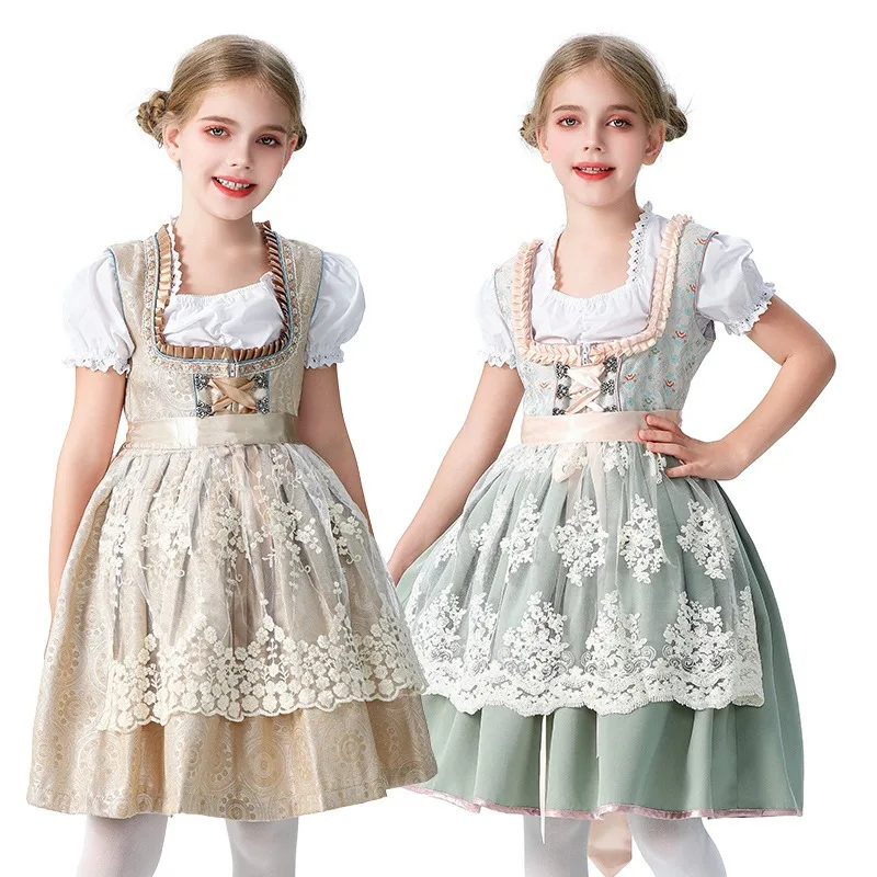 Carnival Cosplay Costume Cut Lolita Short Sleeved Printed Dress with Apron Suit Holiday Theme Party Role Playing Outfit for Girl